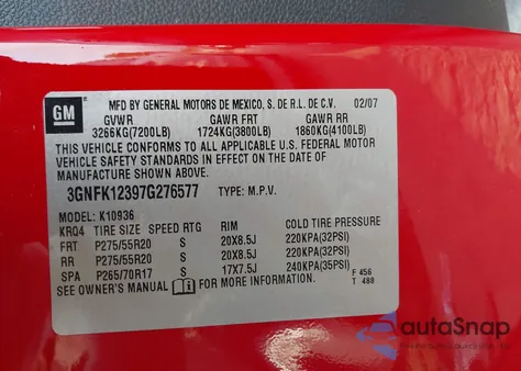 2007 Chevrolet Avalanche 1500 Ltz from USA, damaged, VIN 3GNFK12397G276577